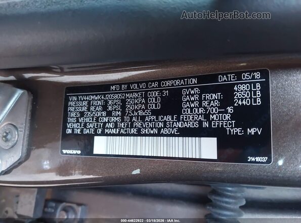 YV440MWK4J2058052 2018 VOLVO V60 CROSS COUNTRY Brown Engine compartment view
