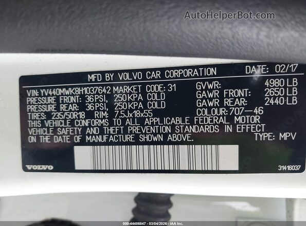YV440MWK8H1037642 2017 VOLVO V60 CROSS COUNTRY White Engine compartment view
