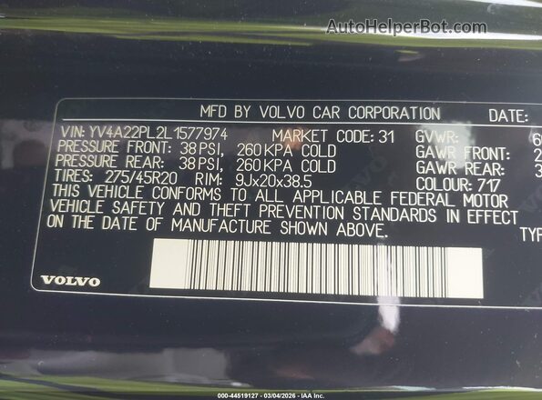 YV4A22PL2L1577974 2020 VOLVO XC90 Black Շարժիչի բաժամունքի տեսք