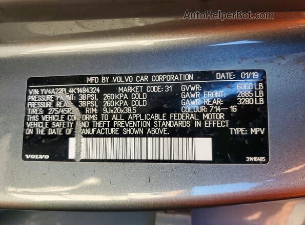 YV4A22PL4K1484324 2019 VOLVO XC90 Gray 
