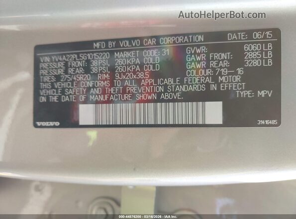 YV4A22PL5G1015220 2016 VOLVO XC90 Silver ძრავის განყოფილების ხედი