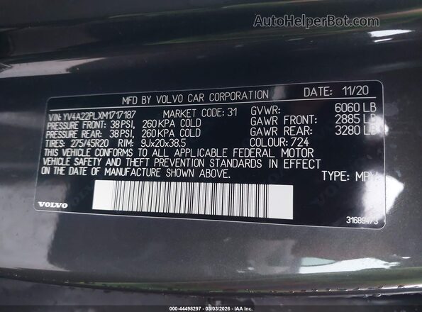 YV4A22PLXM1717187 2021 VOLVO XC90 Gray 