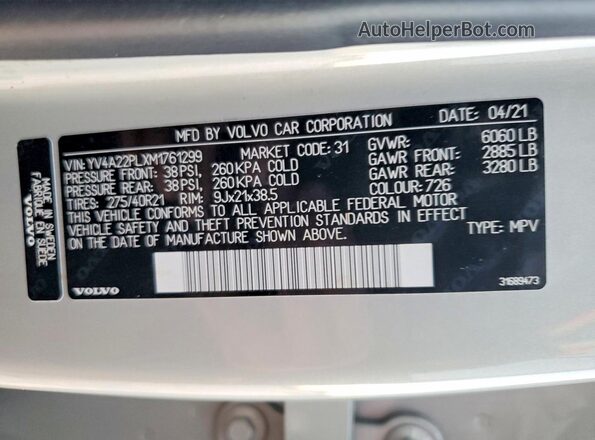 YV4A22PLXM1761299 2021 VOLVO XC90 Silver 