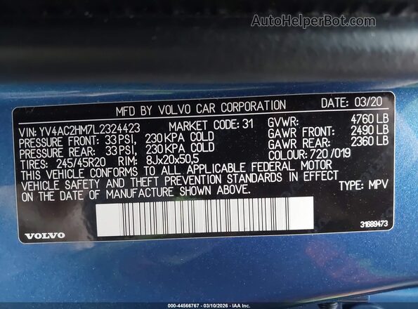 YV4AC2HM7L2324423 2020 VOLVO XC40 Blue Widok komory silnika
