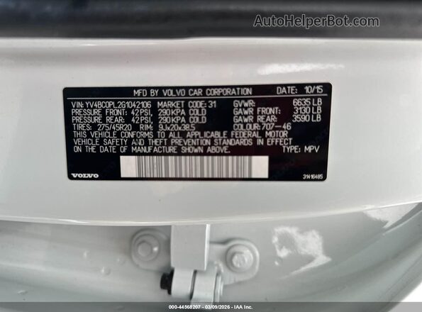 YV4BC0PL2G1042106 2016 VOLVO XC90 White Widok komory silnika