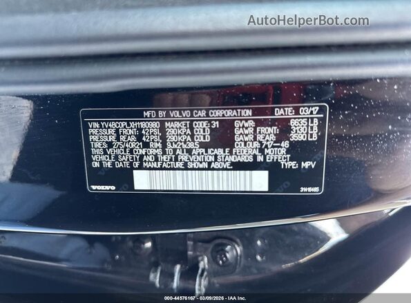 YV4BC0PLXH1180980 2017 VOLVO XC90 HYBRID Black Вид підкапотного простору