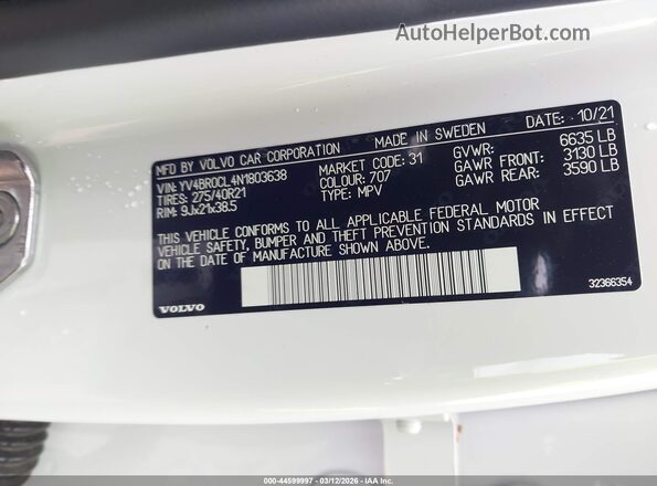 YV4BR0CL4N1803638 2022 VOLVO XC90 RECHARGE PLUG-IN HYBRID White Вид підкапотного простору