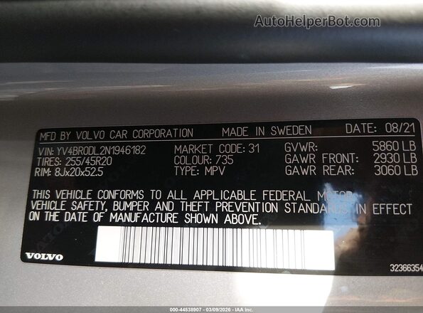 YV4BR0DL2N1946182 2022 VOLVO XC60 RECHARGE PLUG-IN HYBRID Silver Widok komory silnika