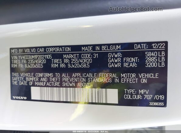 YV4ED3UM1P2021105 2023 VOLVO XC40 RECHARGE PURE ELECTRIC White Widok komory silnika