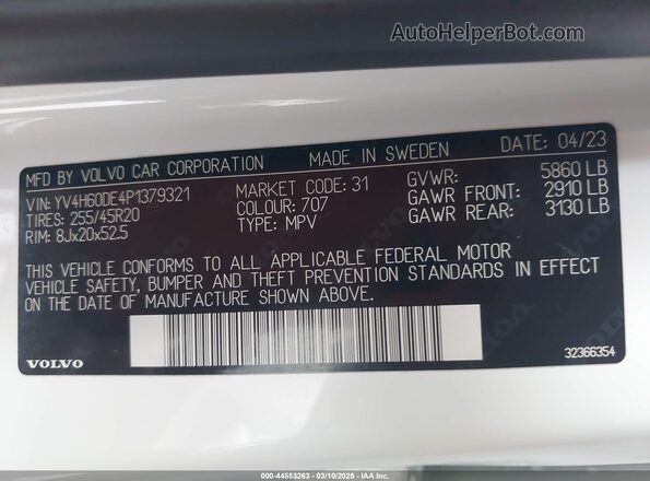 YV4H60DE4P1379321 2023 VOLVO XC60 RECHARGE PLUG-IN HYBRID White Widok komory silnika