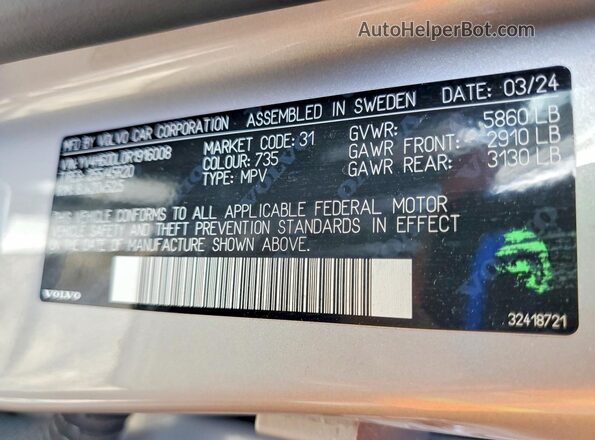 YV4H60DL0R1916008 2024 VOLVO XC60 Silver Widok naklejki z numerem VIN
