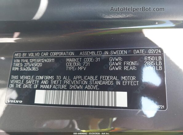 YV4L12PE6R1240911 2024 VOLVO XC90 Gray Engine compartment view