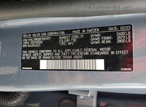 YV4L12RE8P1351177 2023 VOLVO XC60 Blue VIN կոդի պիտակի տեսք