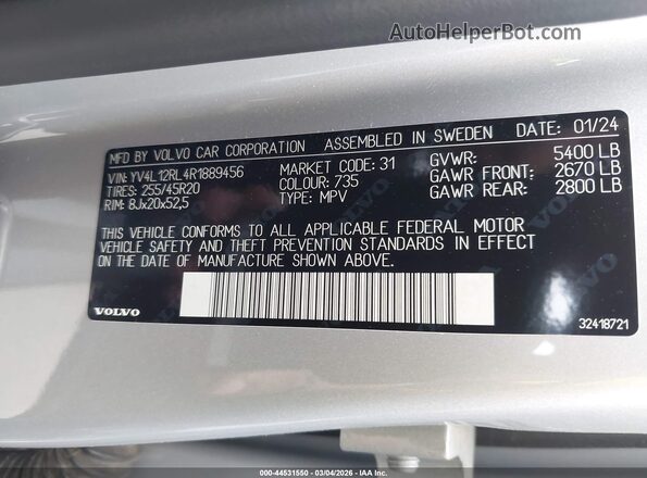 YV4L12RL4R1889456 2024 VOLVO XC60 Silver 
