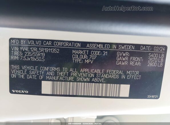 YV4L12RL5R1911352 2024 VOLVO XC60 White 