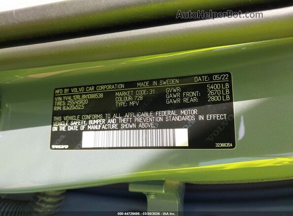 YV4L12RL8N1088538 2022 VOLVO XC60 Blue 