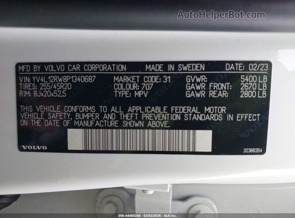 YV4L12RW8P1340687 2023 VOLVO XC60 White Շարժիչի բաժամունքի տեսք