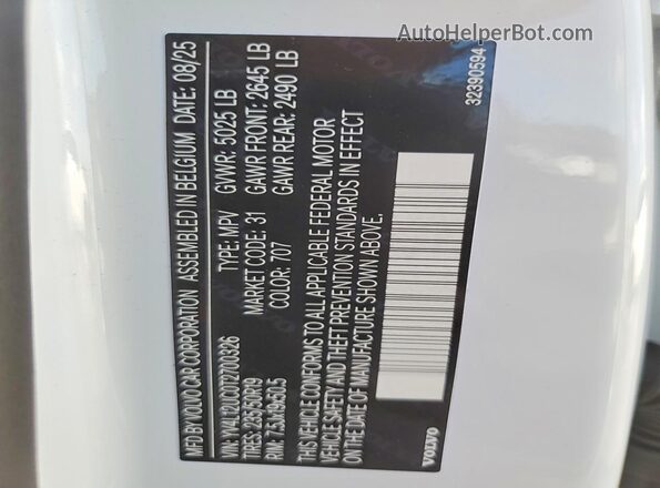 YV4L12UC0T2700326 2026 VOLVO XC40 White Widok naklejki z numerem VIN
