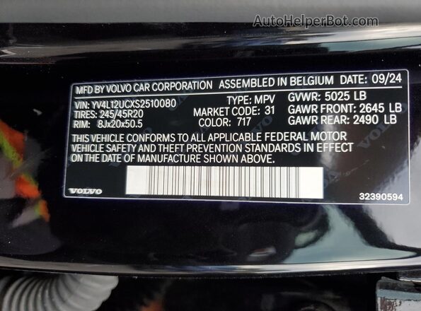 YV4L12UCXS2510080 2025 VOLVO XC40 Black Вид наклейки з VIN-кодом