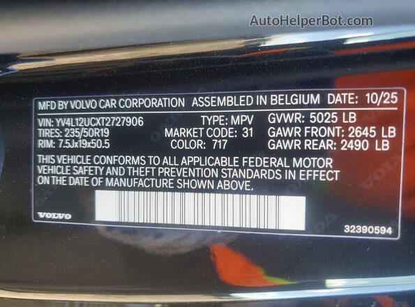 YV4L12UCXT2727906 2026 VOLVO XC40 Black Вид наклейки з VIN-кодом