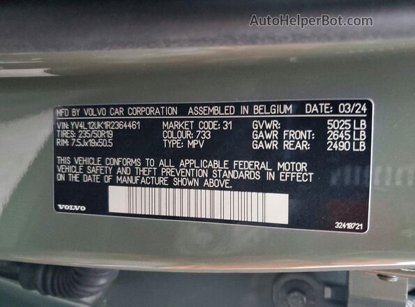 YV4L12UK1R2364461 2024 VOLVO XC40 Green Vista de la etiqueta del VIN
