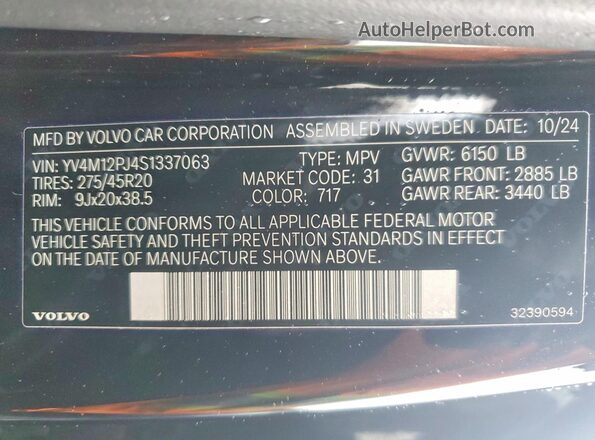 YV4M12PJ4S1337063 2025 VOLVO XC90 Black Vista de la etiqueta del VIN