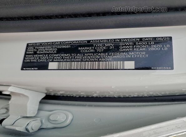 YV4M12RC1T1329681 2026 VOLVO XC60 White Вид наклейки з VIN-кодом
