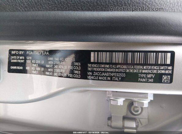 ZACCJAAB7HPE92533 2017 JEEP RENEGADE Silver Vista del compartimento del motor
