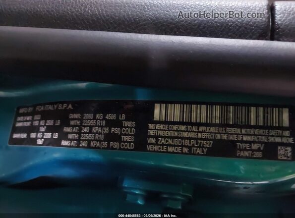ZACNJBD18LPL77527 2020 JEEP RENEGADE Teal Вид підкапотного простору
