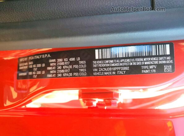 ZACNJDB18PPP35892 2023 JEEP RENEGADE Красный Вид наклейки с VIN-кодом