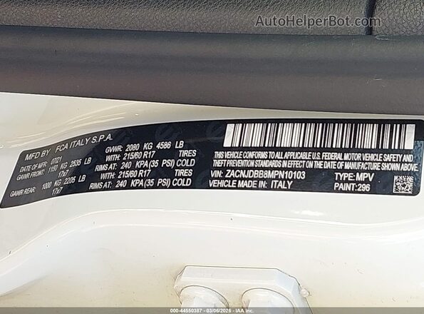 ZACNJDBB8MPN10103 2021 JEEP RENEGADE White Vista del compartimento del motor