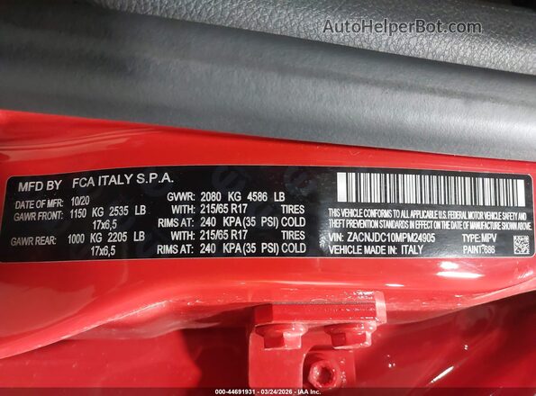 ZACNJDC10MPM24905 2021 JEEP RENEGADE Red ძრავის განყოფილების ხედი