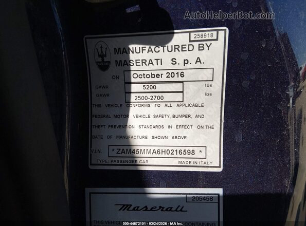 ZAM45MMA6H0216598 2017 MASERATI GRANTURISM Blue 