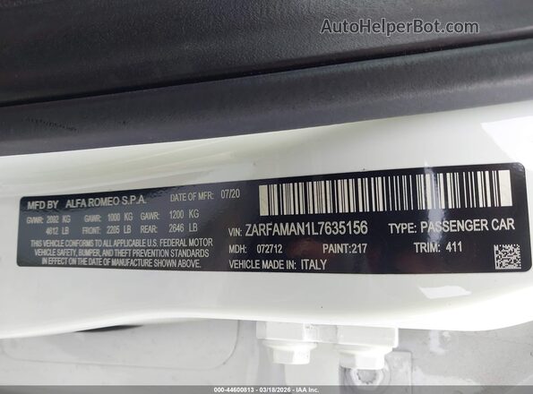 ZARFAMAN1L7635156 2020 ALFA ROMEO GIULIA White Engine compartment view