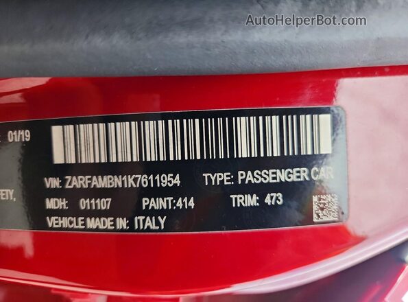 ZARFAMBN1K7611954 2019 ALFA ROMEO GIULIA Red 