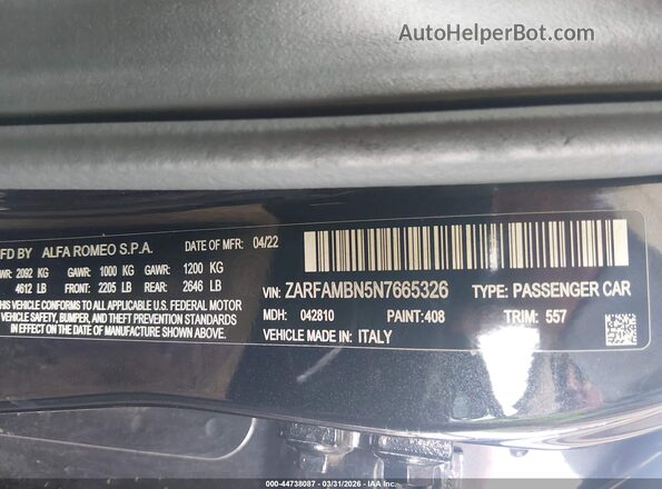 ZARFAMBN5N7665326 2022 ALFA ROMEO GIULIA Black Շարժիչի բաժամունքի տեսք