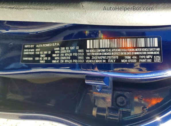 ZASFAKPN7J7B75978 2018 ALFA ROMEO STELVIO Blue VIN კოდის სტიკერის ხედი