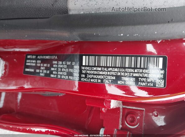 ZASPAKAN5K7C59344 2019 ALFA ROMEO STELVIO Red ძრავის განყოფილების ხედი