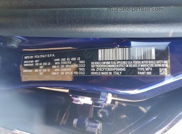 ZFBCFYDBXHP584645 2017 FIAT 500X Blue Vista de la etiqueta del VIN