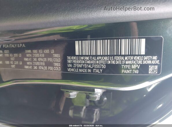 ZFBNFYB14LP856750 2020 FIAT 500X Green Շարժիչի բաժամունքի տեսք