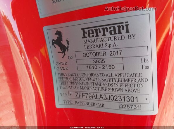 ZFF79ALA3J0231301 2018 FERRARI 488 Red ძრავის განყოფილების ხედი
