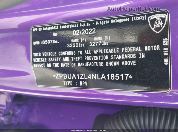 ZPBUA1ZL4NLA18517 2022 LAMBORGHINI URUS Фиолетовый 