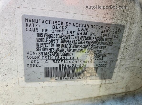 3N1AB7APXHL669607 2017 NISSAN SENTRA White VIN sticker view