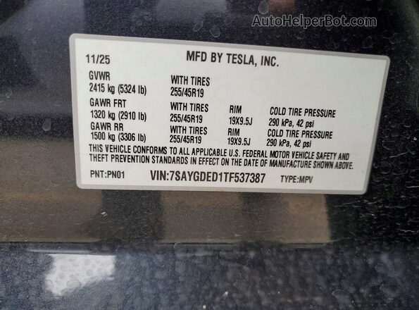 7SAYGDED1TF537387 2026 TESLA MODEL Y Gray 360 interior view