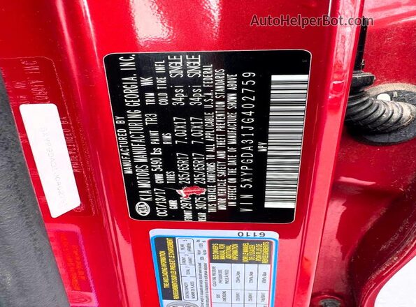 5XYPGDA31JG402759 2018 KIA SORENTO Red 