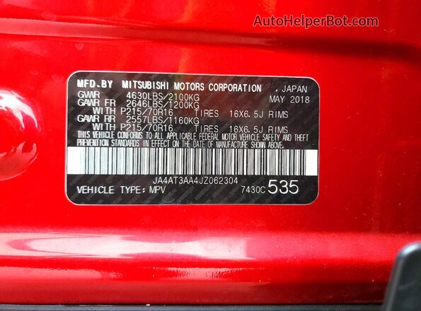JA4AT3AA4JZ062304 2018 MITSUBISHI ECLIPSE Red Widok naklejki z numerem VIN
