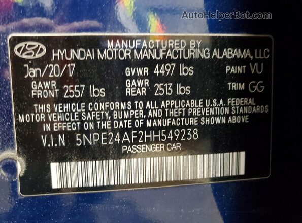 5NPE24AF2HH549238 2017 HYUNDAI SONATA Blue Սալոնի 360 աստիճան տեսք