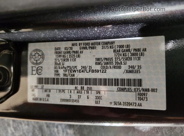 1FTEW1E47LFB59122 2020 FORD F150 Gray 