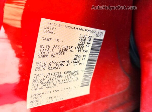 1N6AA1EF1NN100152 2022 NISSAN TITAN Red VIN კოდის სტიკერის ხედი