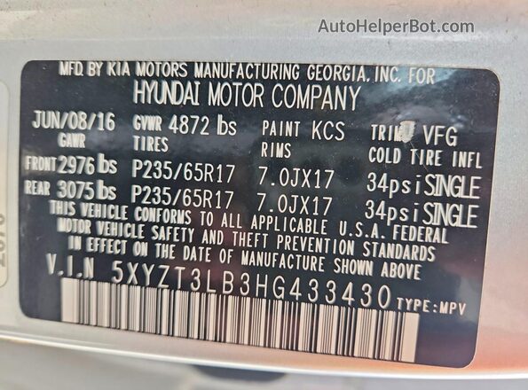 5XYZT3LB3HG433430 2017 HYUNDAI SANTA FE Silver Սալոնի 360 աստիճան տեսք